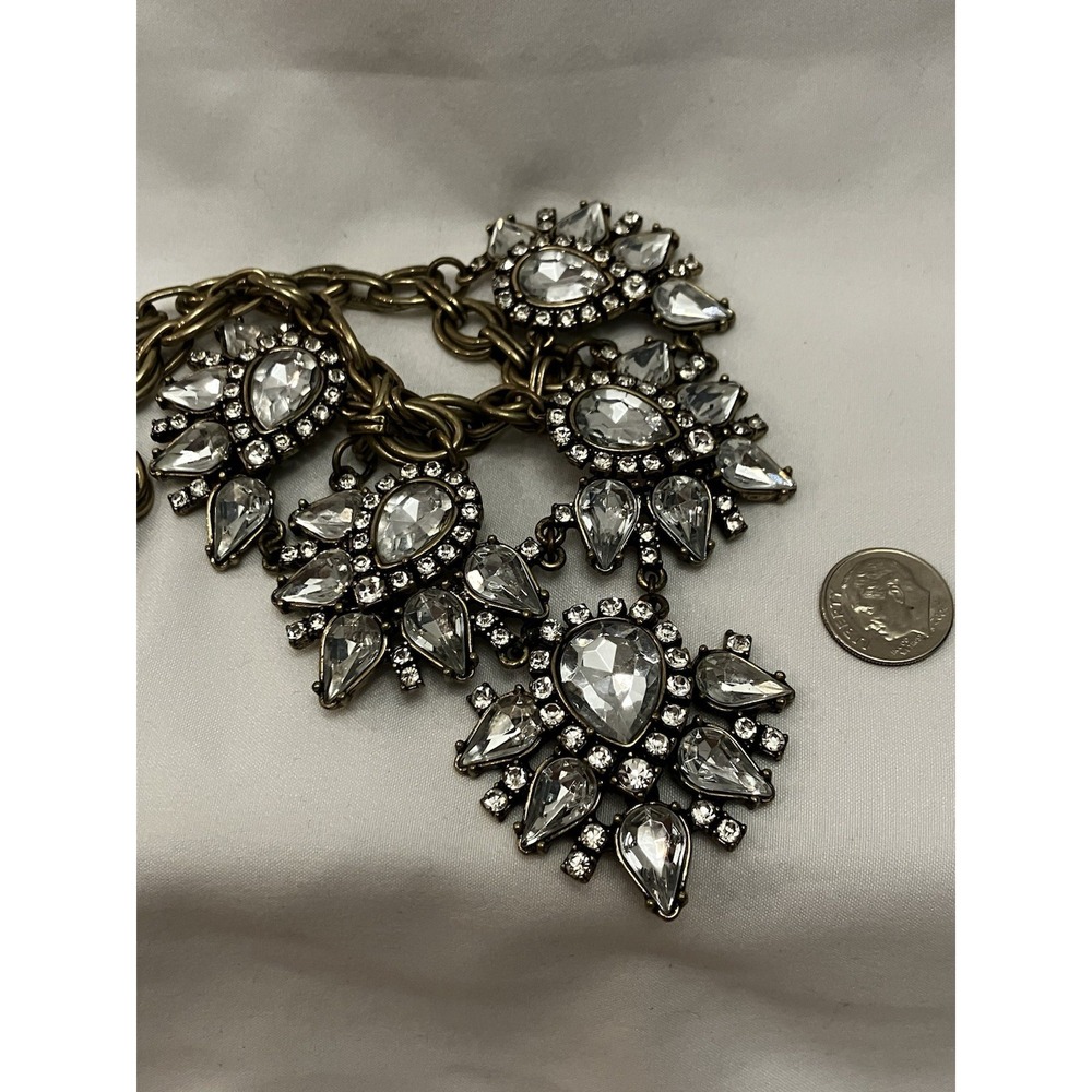 Teardrop Rhinestone Crystal Statement Necklace Antiqued Gold Tone Hollywood Glam - Picture 6 of 9
